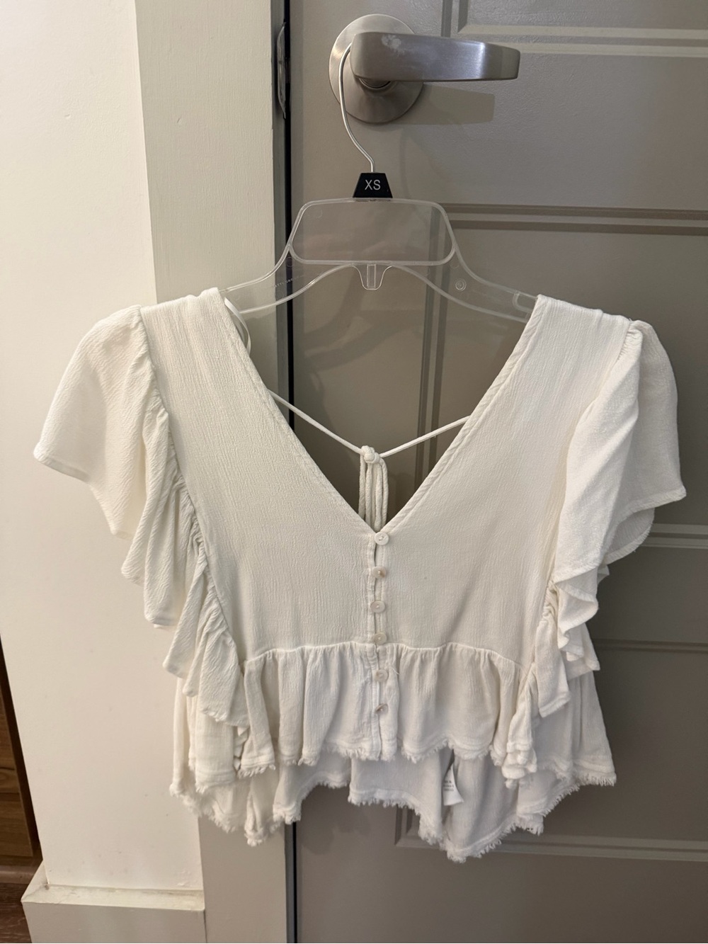 Ruffled V-Neck Peplum Cotton Top - White